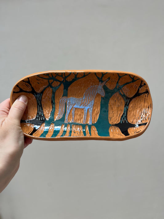 Footed Ceramic Plate  / Terracotta Dish With Unicorn and Trees / Unique Handmade OOAK Plate With Feet
