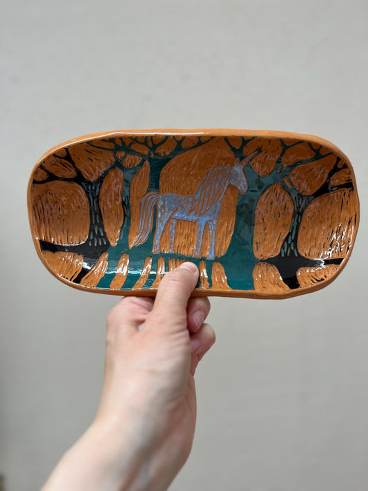 Unicorn Lover Gift  / Terracotta Plate With Magic Illustration / Unique Handmade OOAK Plate With Feet