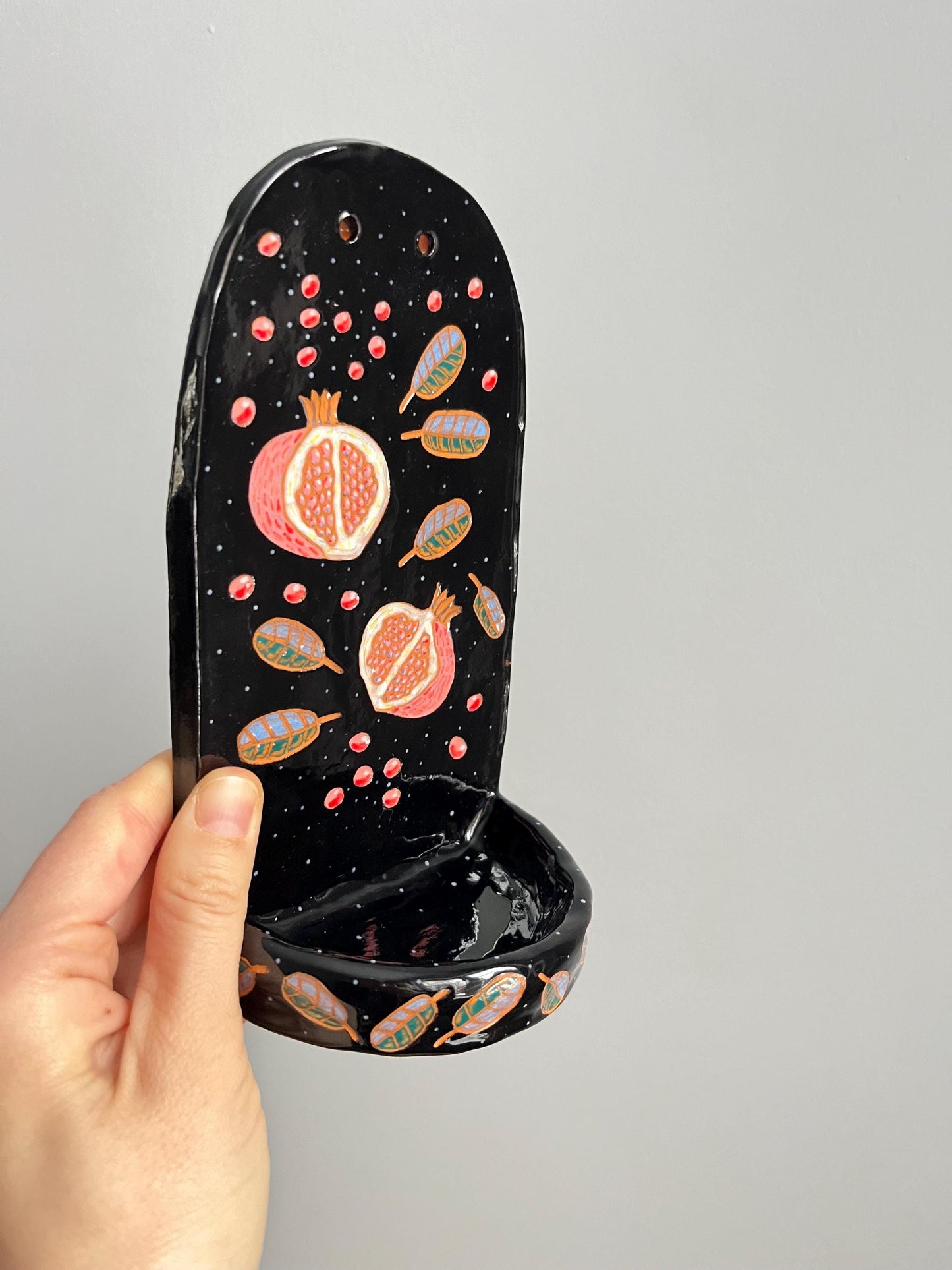 Black Ceramic Wall Sconce With Illustrated Sgraffito Pomegranates