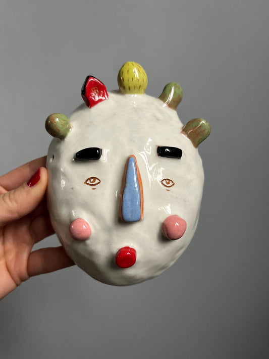 Whimsical Ceramic Wall Art / Colorful Wall Art / Handmade Sgraffito Ceramic Art / Handbuilt Pottery Wall Mask / Cottage Core Decoration