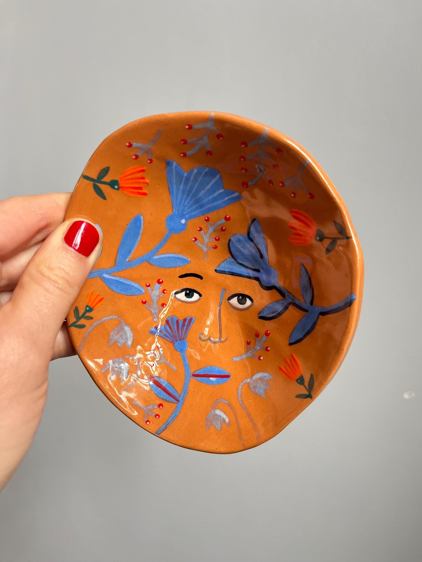 Footed Floral Ceramic Knicknack Plate / Handpainted Terracotta Plate With Flowers / Handmade Colorful Ceramic Nature Lover Gift