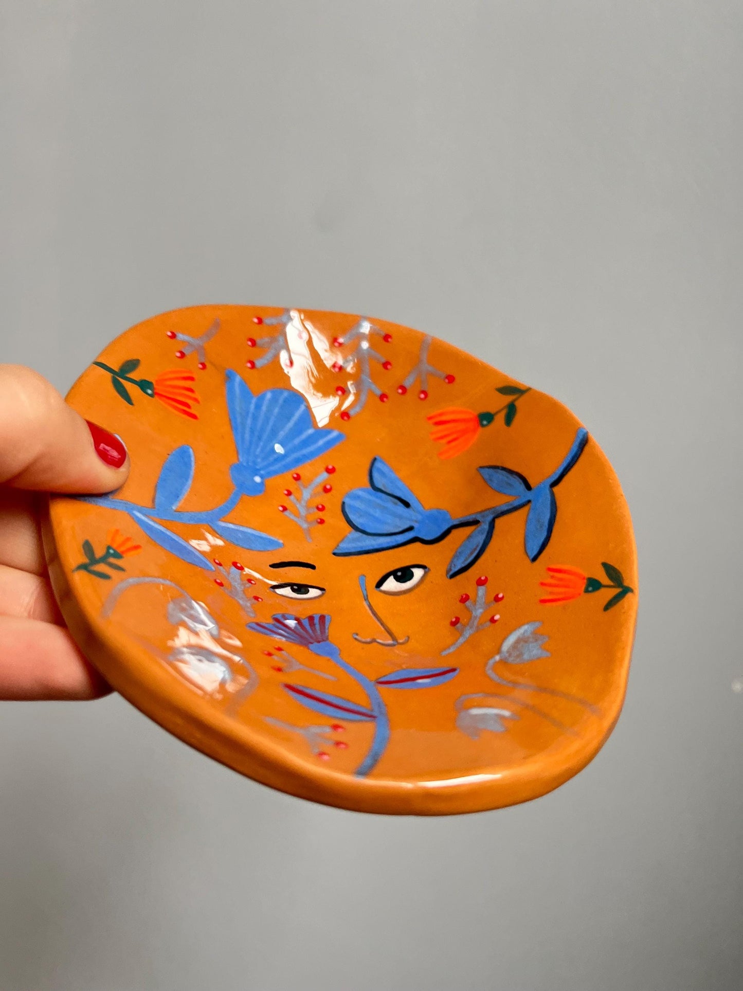 Footed Floral Ceramic Knicknack Plate / Handpainted Terracotta Plate With Flowers / Handmade Colorful Ceramic Nature Lover Gift
