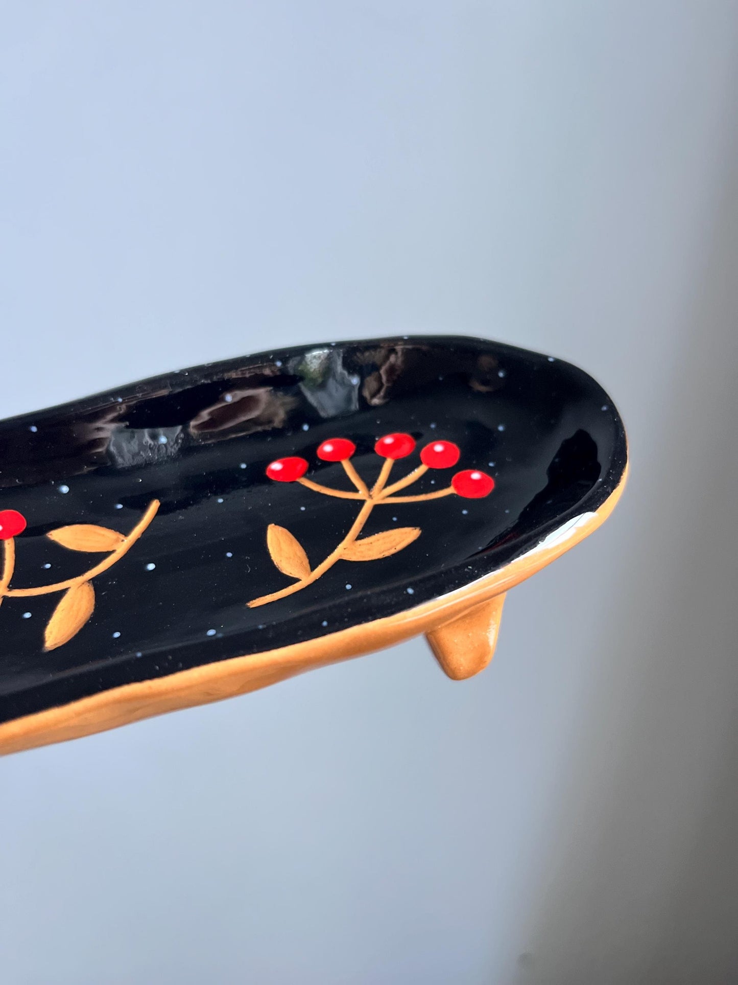 Black Elongated Plate With Red Sgraffito Berries