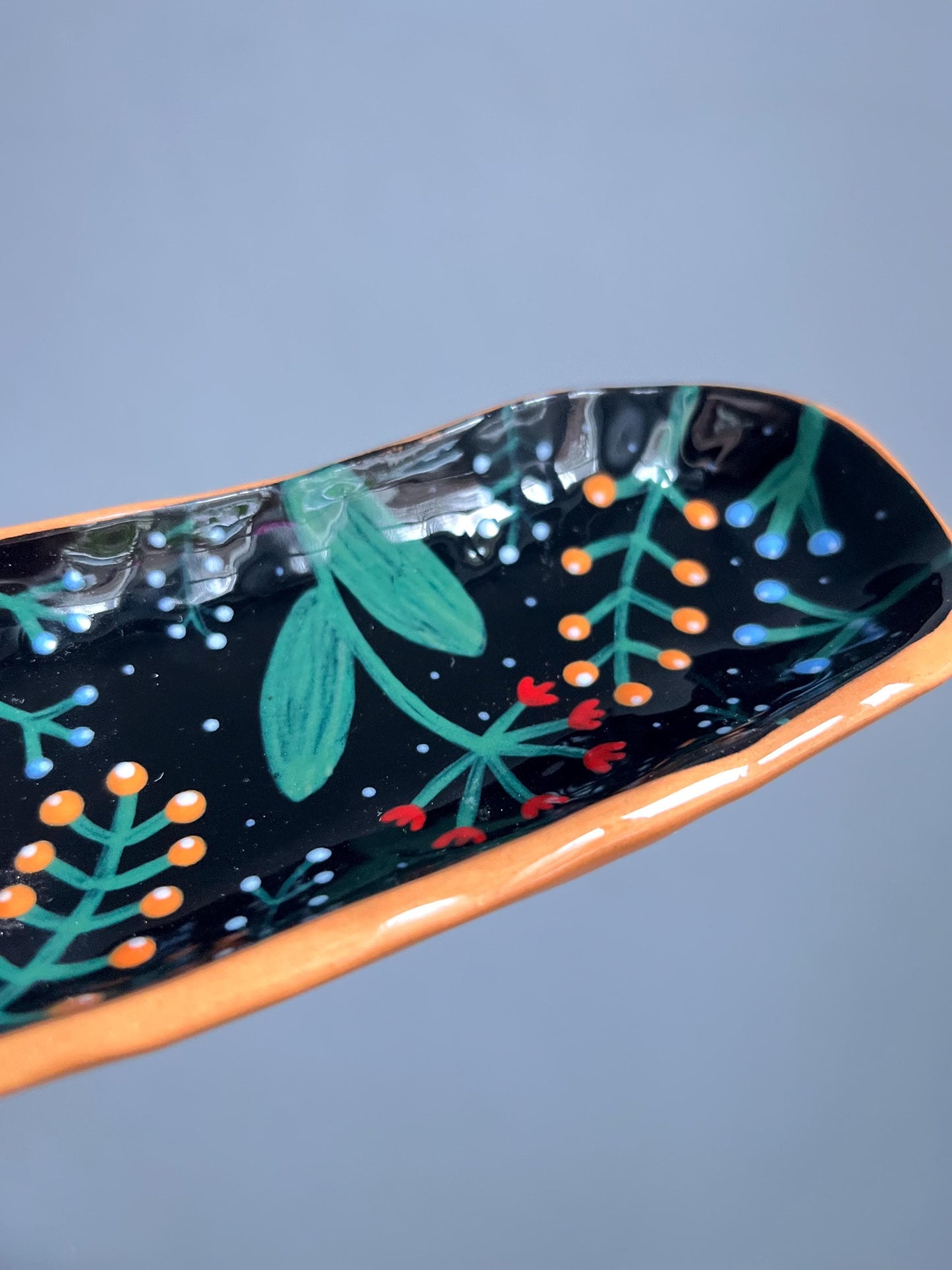 Black Footed Plate With Colorfull Handpainted Berries