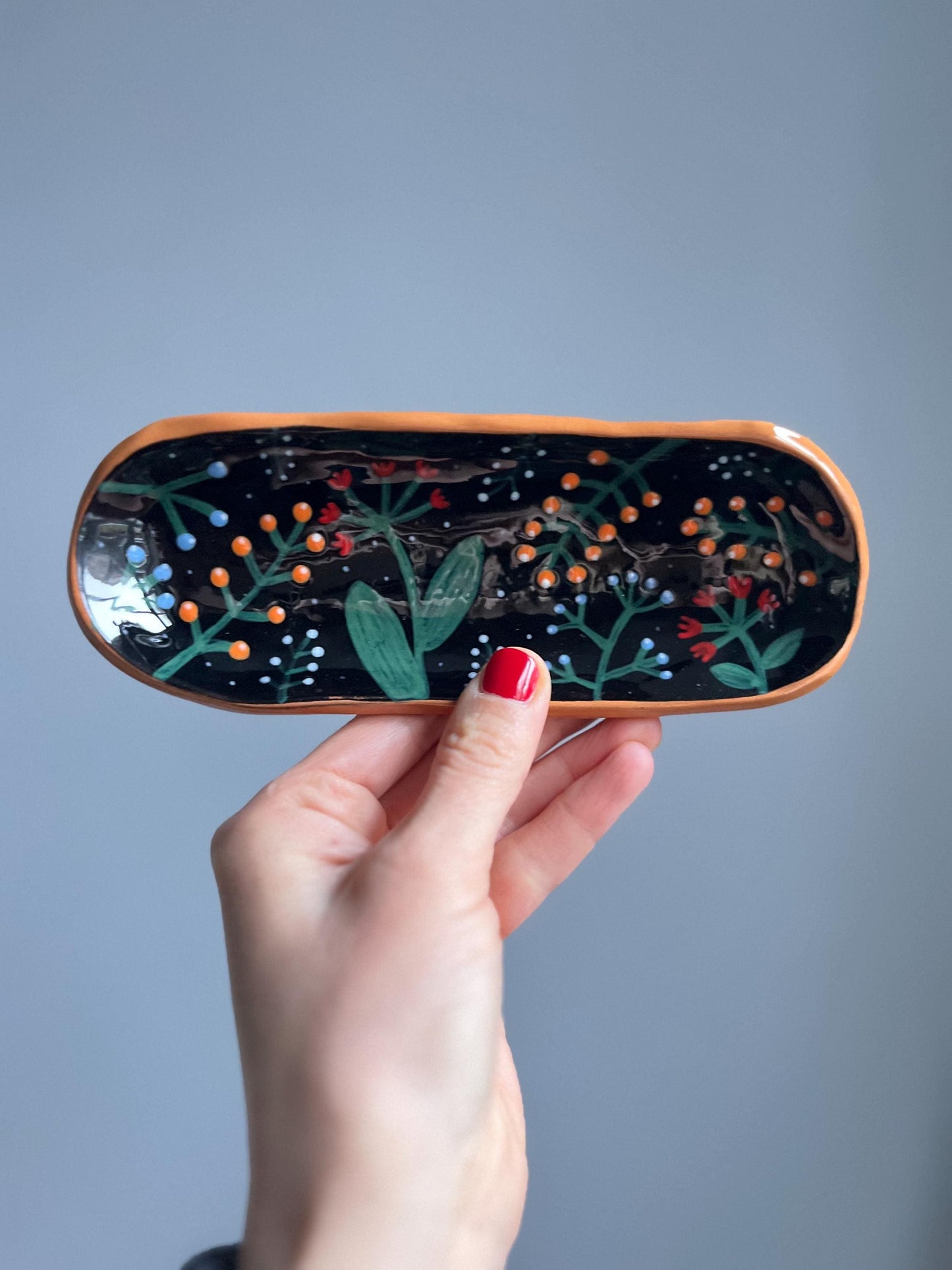 Black Footed Plate With Colorfull Handpainted Berries