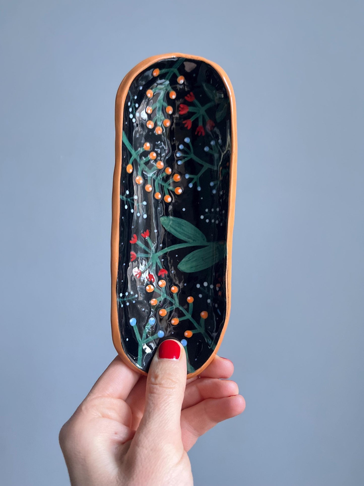 Black Footed Plate With Colorfull Handpainted Berries
