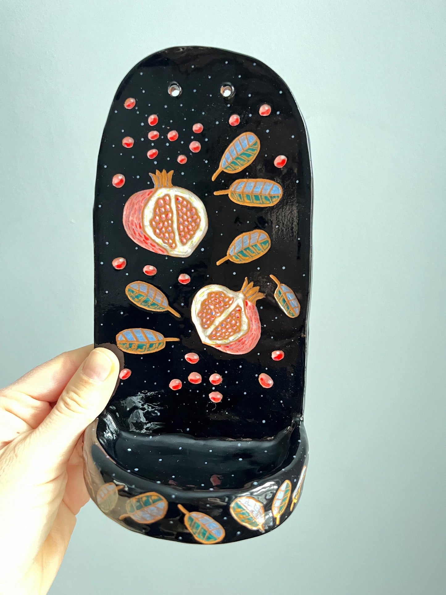 Black Ceramic Wall Sconce With Illustrated Sgraffito Pomegranates