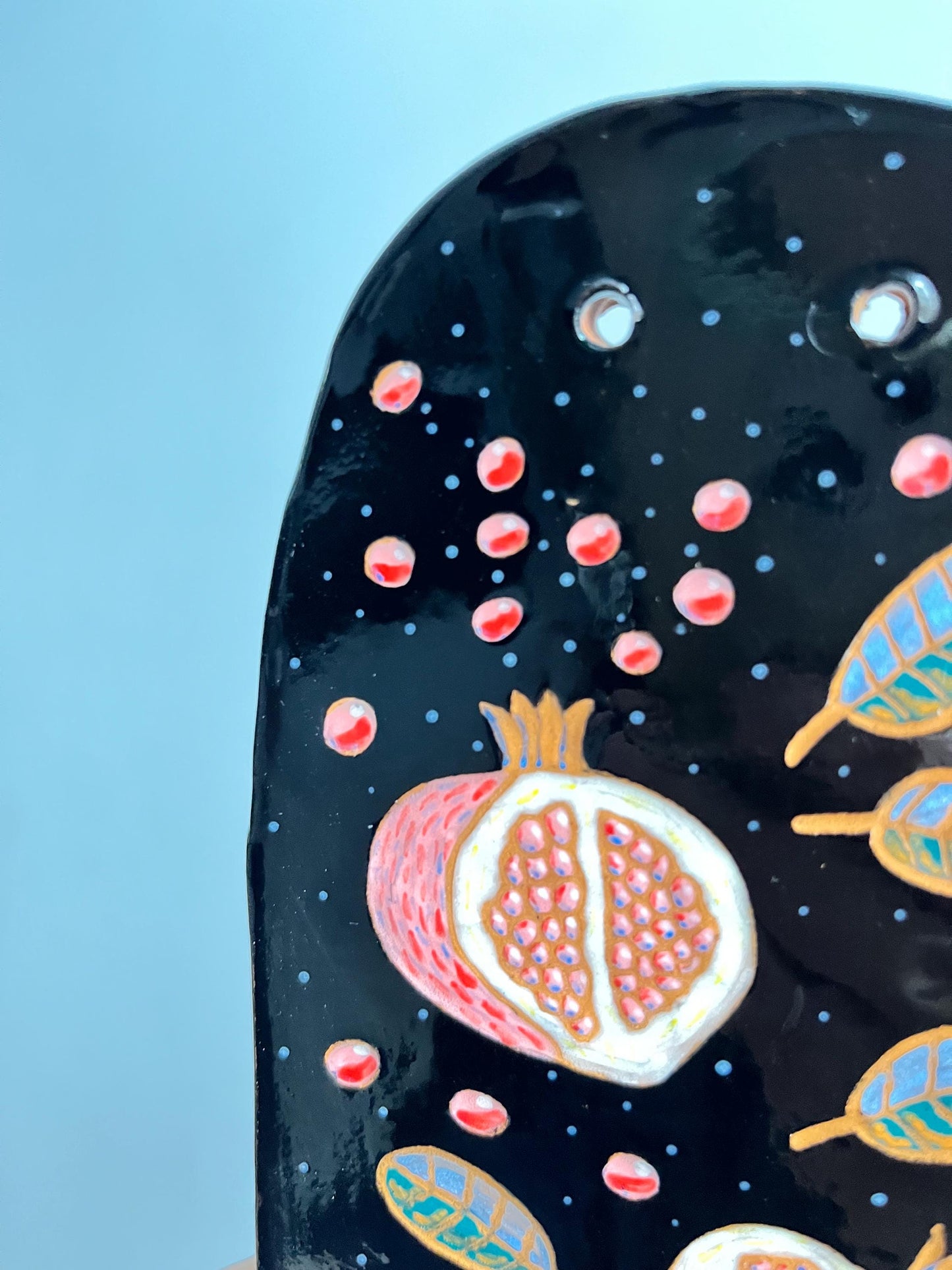 Black Ceramic Wall Sconce With Illustrated Sgraffito Pomegranates