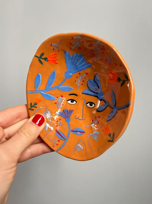 Footed Floral Ceramic Knicknack Plate / Handpainted Terracotta Plate With Flowers / Handmade Colorful Ceramic Nature Lover Gift