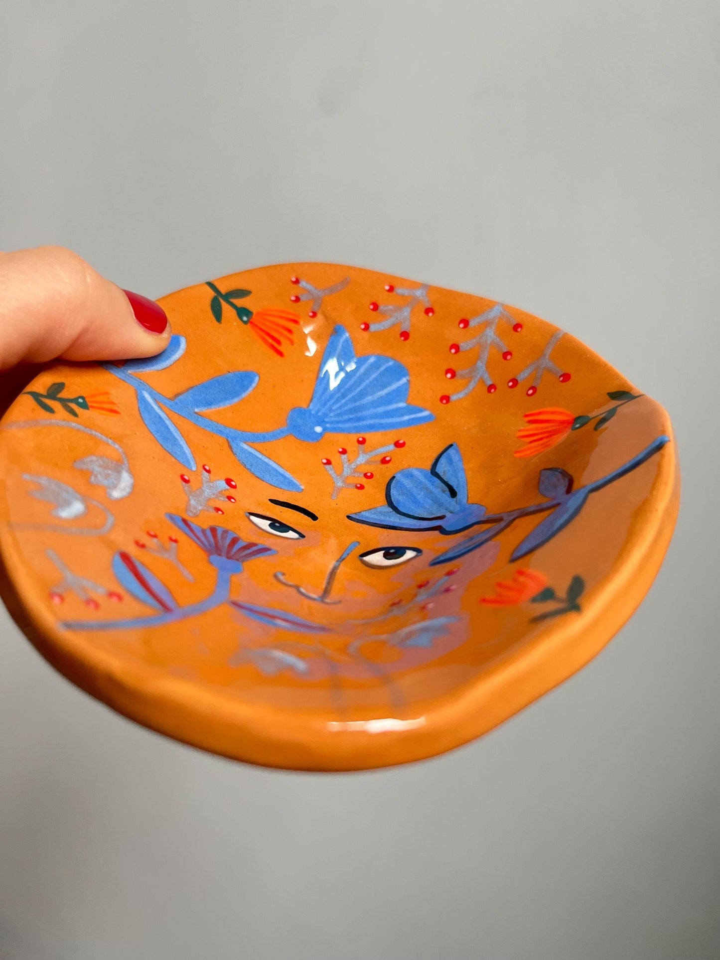 Footed Floral Ceramic Knicknack Plate / Handpainted Terracotta Plate With Flowers / Handmade Colorful Ceramic Nature Lover Gift
