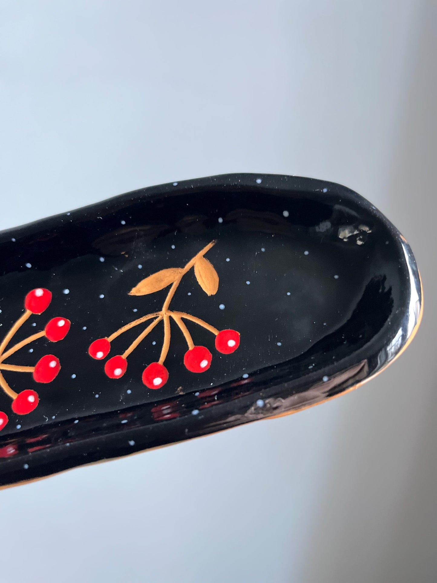 Black Elongated Plate With Red Sgraffito Berries