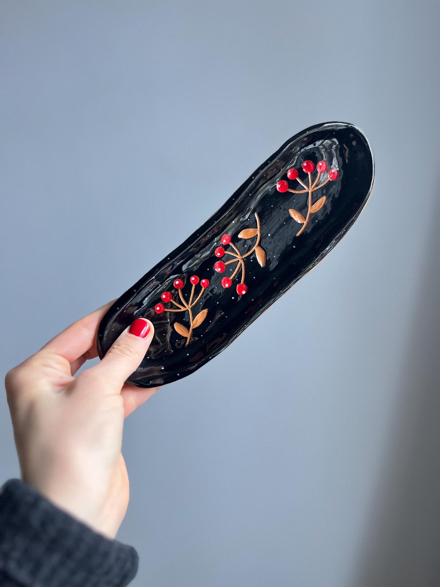 Black Elongated Plate With Red Sgraffito Berries