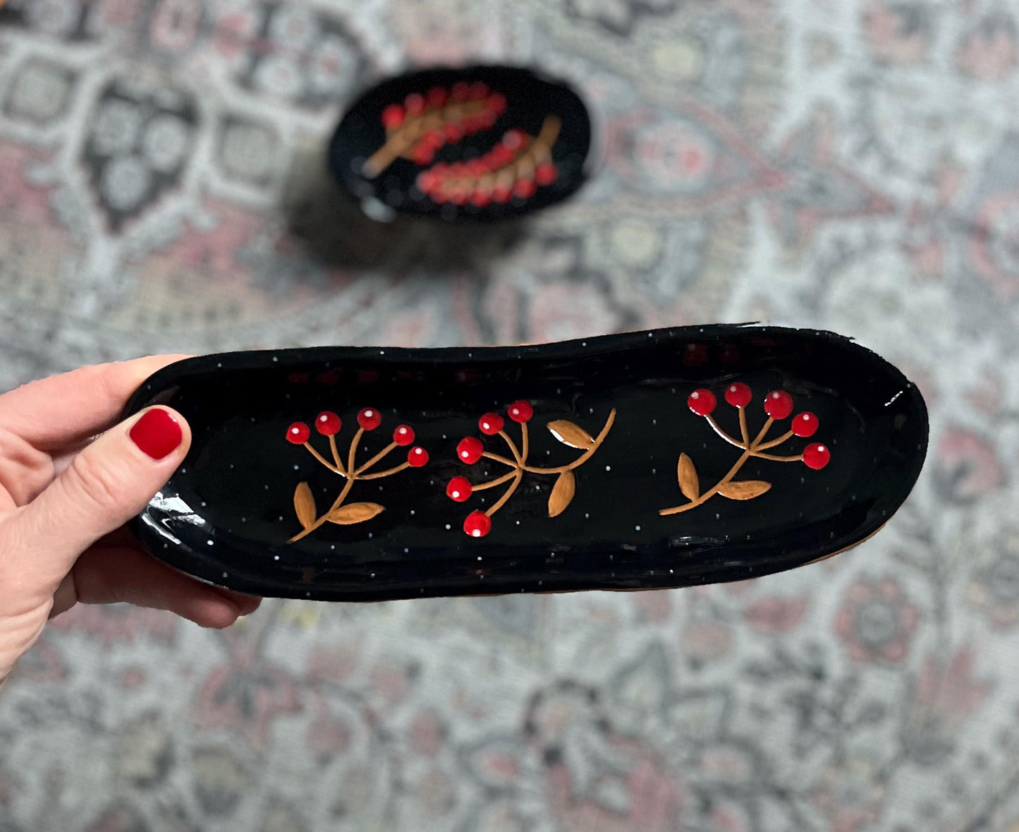 Black Elongated Plate With Red Sgraffito Berries
