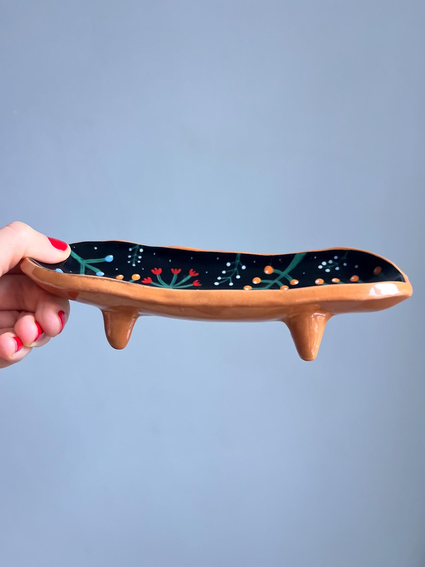 Black Footed Plate With Colorfull Handpainted Berries